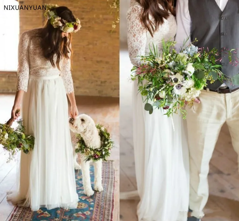 2020 Bohemian Dress Vintage Lace Boho Beach Wedding Dresses Long