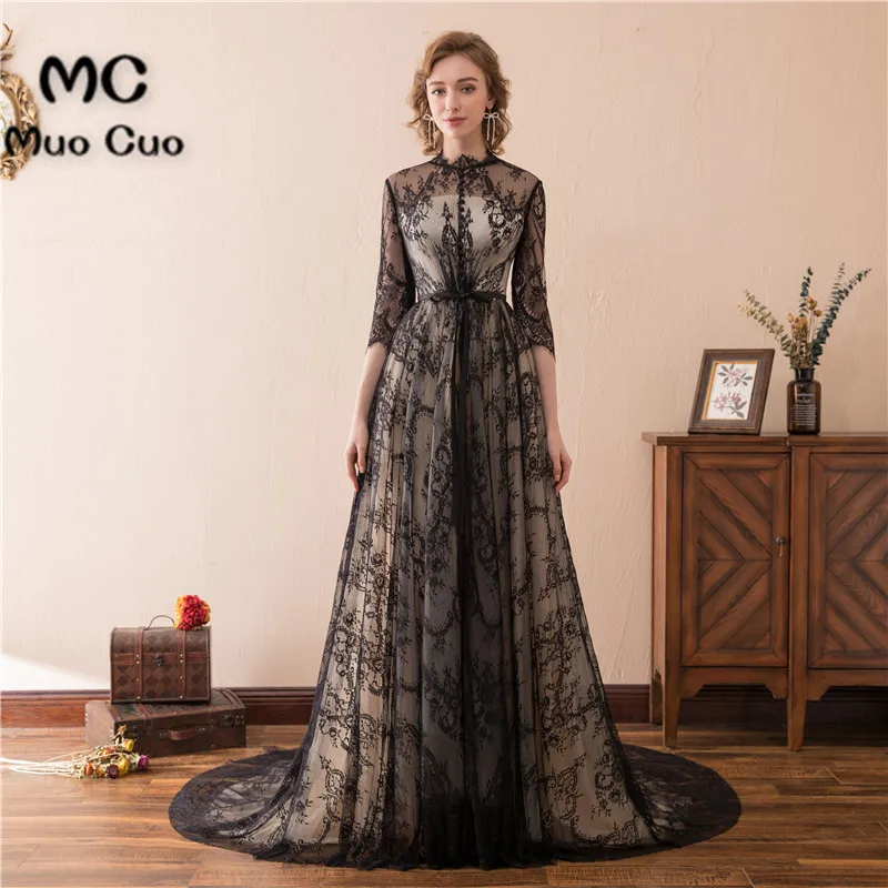 2018 Выпускные платья для Для женщин с рукавами 3/4 Vestidos De Fiesta граф поезд Кружево на спине Формальное вечернее платье с длинным
