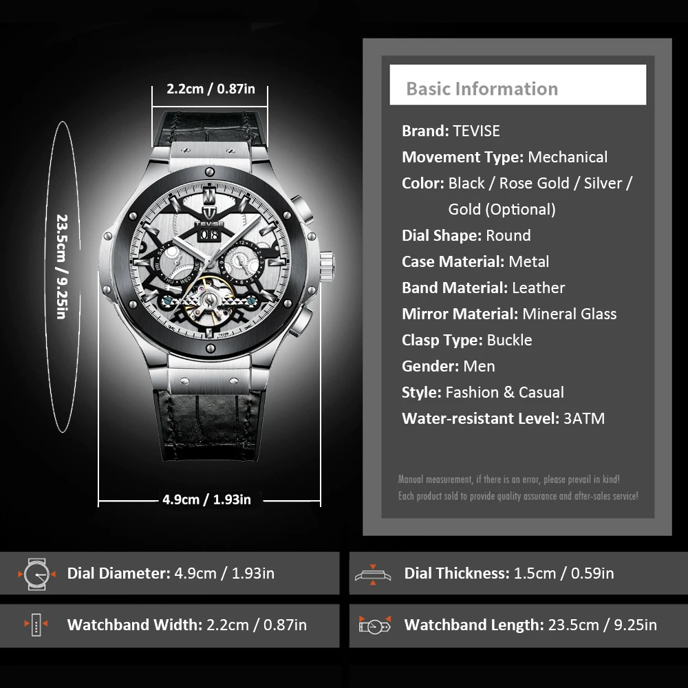 TEVISE наручные часы для мужчин s, большие мужские автоматические механические часы, мужские часы с календарем на неделю, месяц, мужские кожаные часы для мужчин T828B