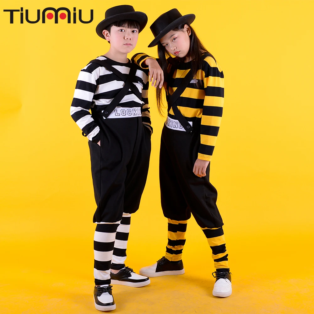 

Funkystyle Children Locking Stripe Suit Clothes Clothing Hip Hop Dance Costumes Kids Dance Performance Bib Pants Unisex Locker