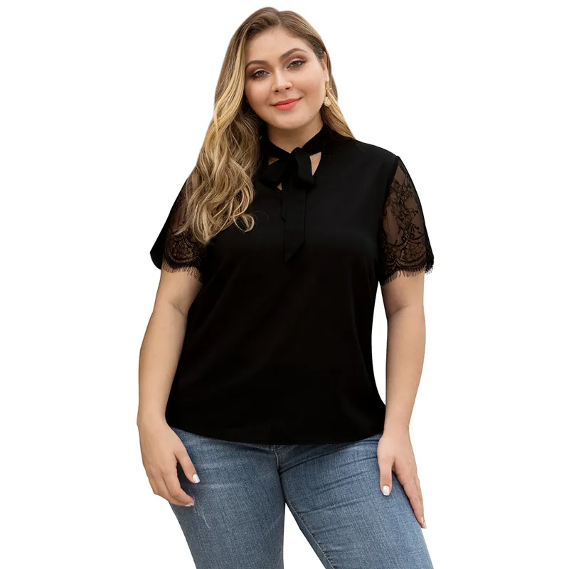 

New women's shirt black Bow V-neck lace stitching short-sleeved women's chiffon shirt large size
