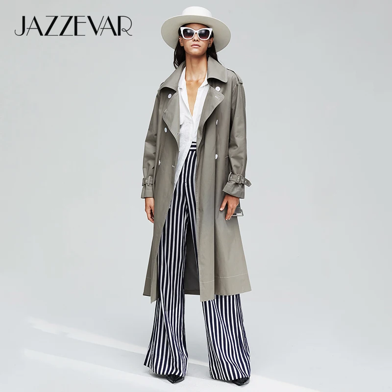 Koop JAZZEVAR2019 Nieuwe collectie herfst trenchcoat vrouwen top rode kleur katoen double breasted lange mode stijl met hoge kwaliteit 9020