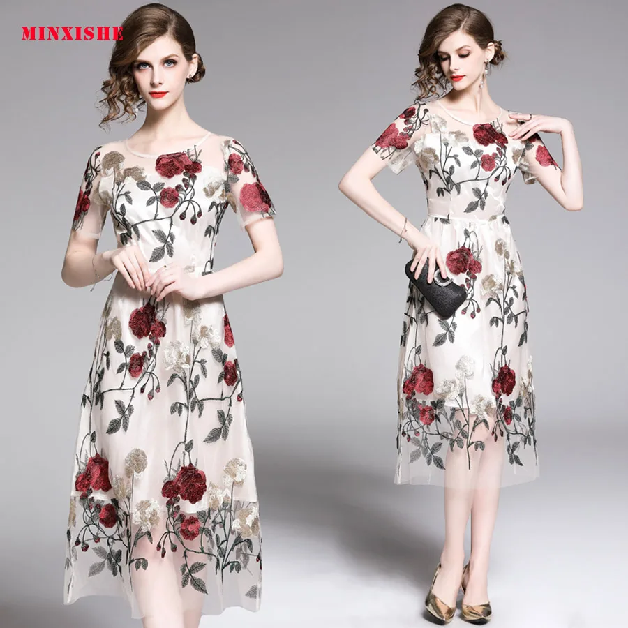 

Summer New Women Dress 2019 Sexy Vintage Bodycon Elegant Retro Mesh embroidery Maxi Floral Casual party Korean Long White Dress