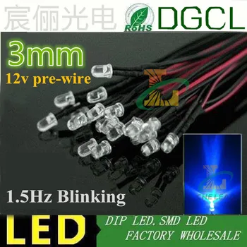 

100PCS DC12V/24V 3mm round led Pre Wired led 20mm water clear 1.5Hz Blinking red/green/blue/white/rgb pre-wire led