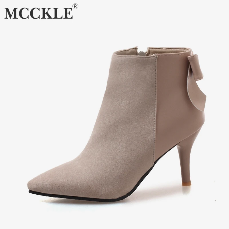 

MCCKLE Plus Size Women Ankle Boots Sexy High Heels For Ladies Bowtie Short Botas Zip Footwear Flock Patchwork Pointed Toe Shoes