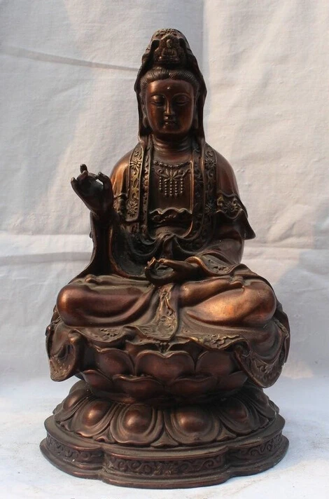 

10" Chinese Buddhism Bronze Seat Lotus Flower Kwan- Yin Guan Yin Goddess Statue