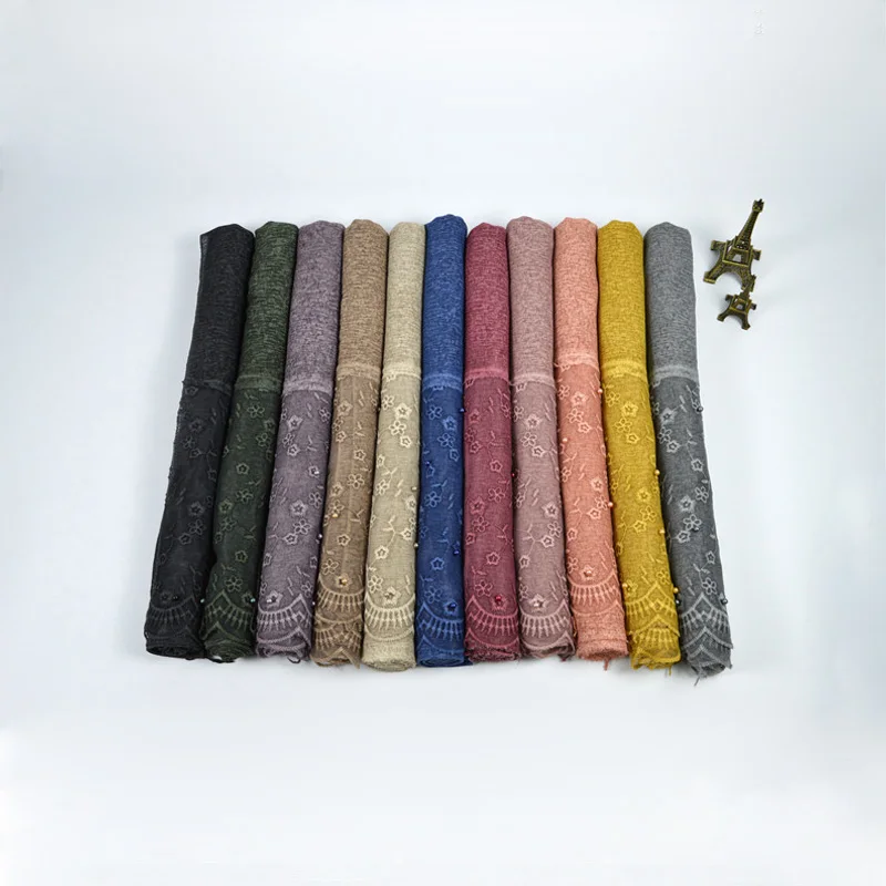 

Women Soft Plain Cotton Flower Lace Scarf Soft Muslim Hijab With Colored Beads Stretchy Shawls Islamic Shawls Scarves 10PCS/Lot