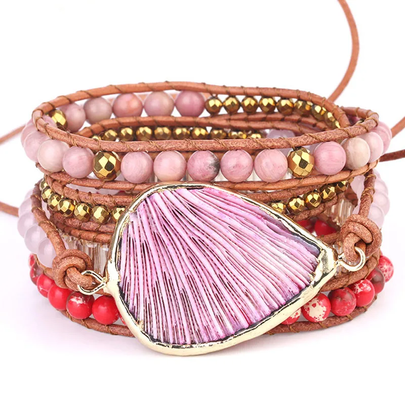 

Hight Quality Natural Coral Leather Wrap Bracelets Handmade Bohemian Boho Bracelet Women Pink Fashion Bracelet