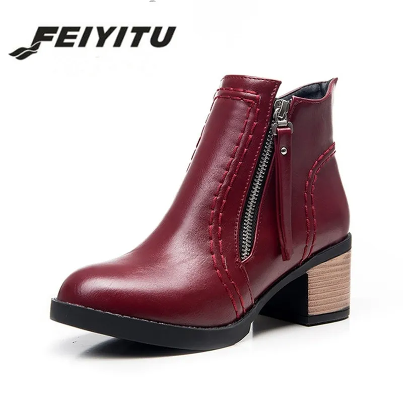 

Feiyitu Large Size 34-43 Square Heels Women Shoes Woman Bottine Leisure Ankle Boots Lady Footwear black beige red brown green