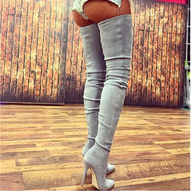 Grey Suede Thigh High Boots Stiletto High Heels 2017 New Slim Stretch Fall Boots Over The Knee Boots Pointed Toe Shoes Woman