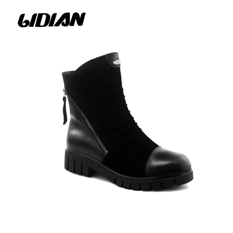 

LIDIAN winter warm women's boots, full grain calf leather round head zipper kid suede casual shoes wool inside ankle boots B3-3