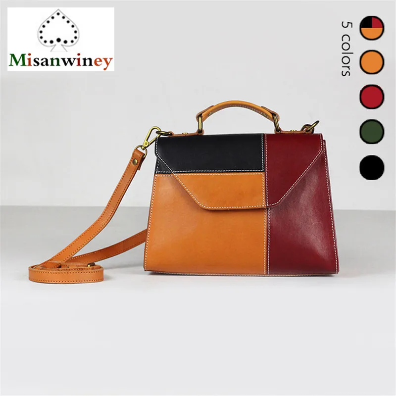 

2018 Women Retro Handbag Genuine Leather Shoulder Bag Diagonal Stitching Color Commuter Bag Multicolor Handbags Vintage Bag Sacs