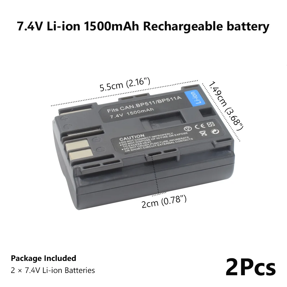 2Pcs 1500Mah BP 511 BP511A Digital Camera Battery For Canon EOS 40D