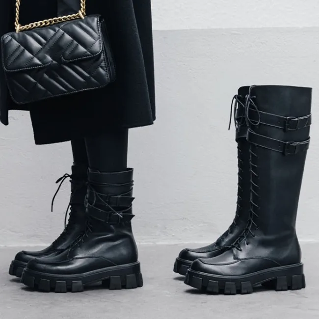

PXELENA Punk Gothic Genuine Leather Riding Knight Boots Women Chunky Heels Motorcycle Military Martin Boots Shoes Autumn Buckle