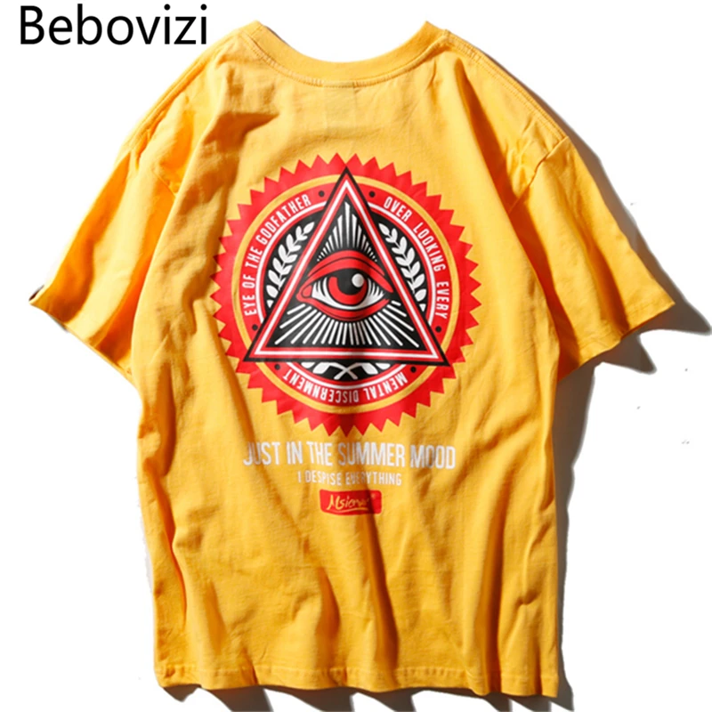 Bebovizi Brand Men Hip Hop Geometry Triangle T Shirts illuminati Eye of Godfather Printed Street Wear Tops Tees Yellow Tshirt