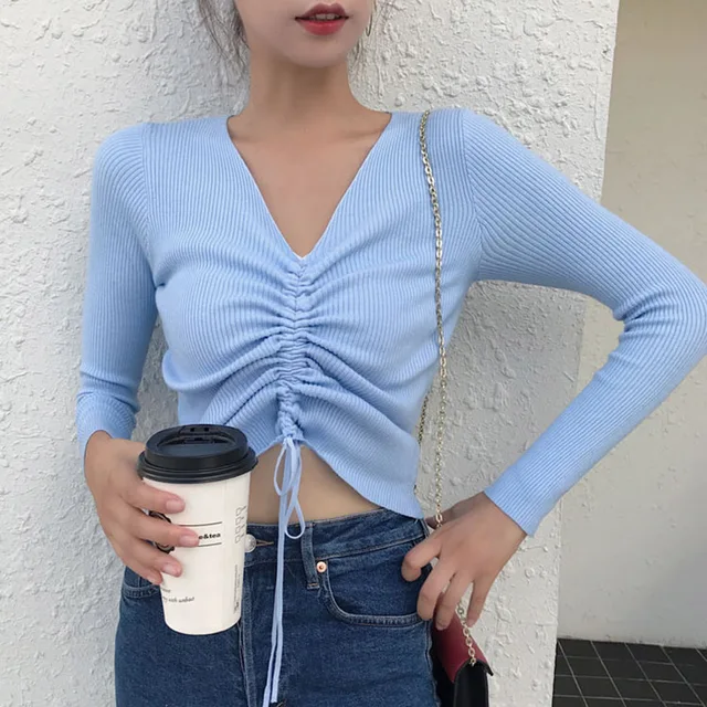 AOSSVIAO Sexy lace up knitting pullover top Fashion autumn winter sweater women Chic pink V-neck knit slim jumper pull femme Blue