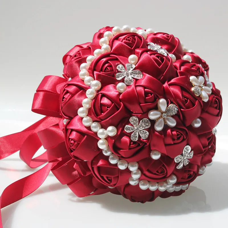 WifeLai-популярная винно-красная Бриллиантовая Свадебная букета, цветы, украшенные жемчугом, алмазная шелковая лента, роза, свадебный букет W225