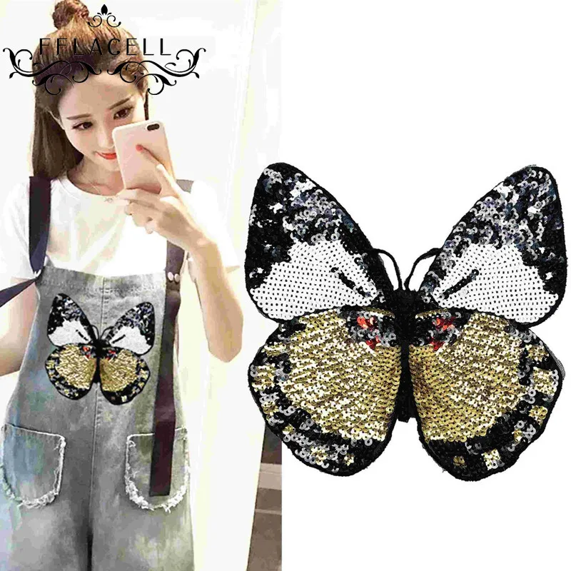 

FFLACELL Hot sale Embroidery Butterfly Patch Badge Embroidered Fabric Sew On Applique Creative DIY Sequins Patches Trims