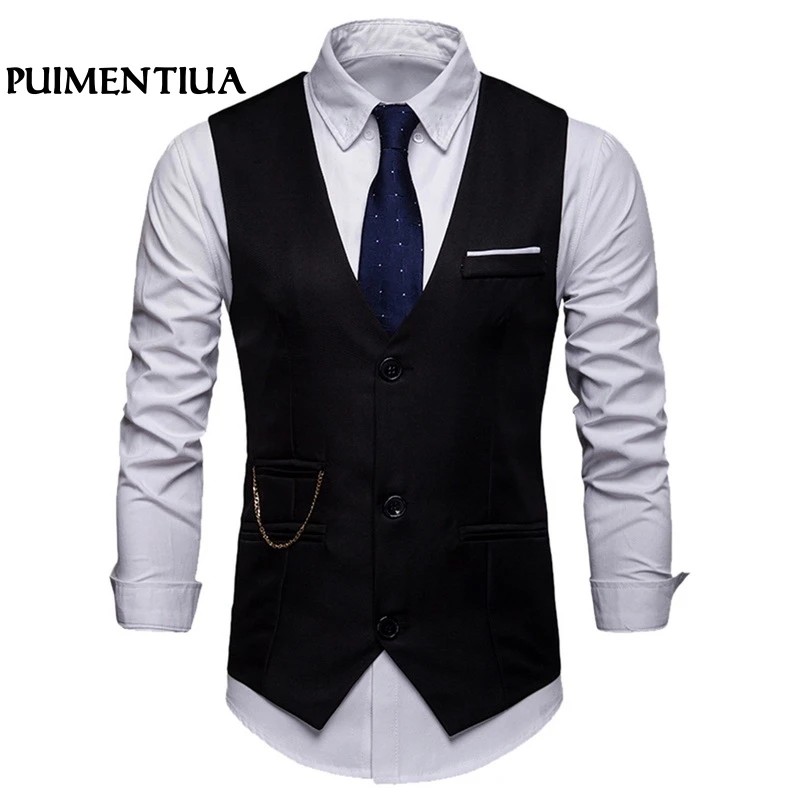

Puimentiua 2019 Men Casual Solid Slim Fit Suit Vest Single-breasted Sleeveless Business Male Formal V-neck Retro Vintage Vest