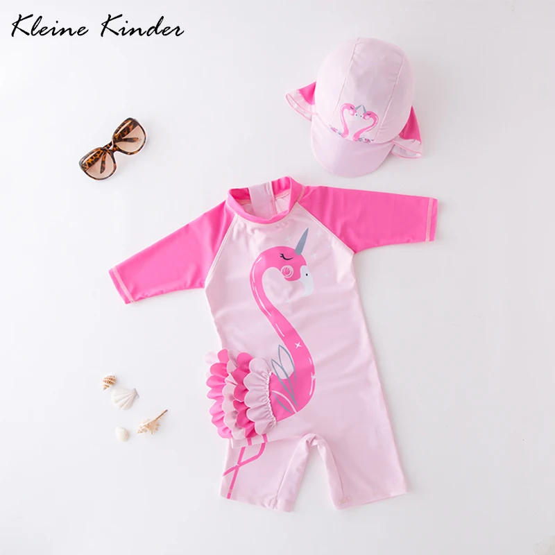 

Flamingo Swimwear Girls with cap 2019 Long Sleeve Sun Protection Toddler Baby Girl Bathing Suit Kids Swimwear Children Swimsuit