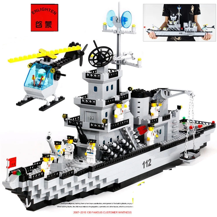 Goedkoop ENLIGHTEN 970 stks CombatsZone Militaire Missile Cruiser Slagschip Helicopter DIY Model Bouwstenen minifig Kids Toys