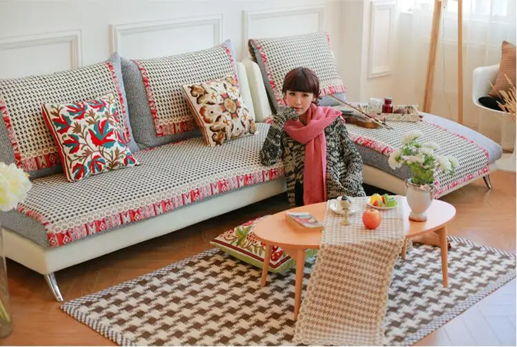 90cm Wide Cotton Sofa Towel Plaid Sectinal Cover Slip