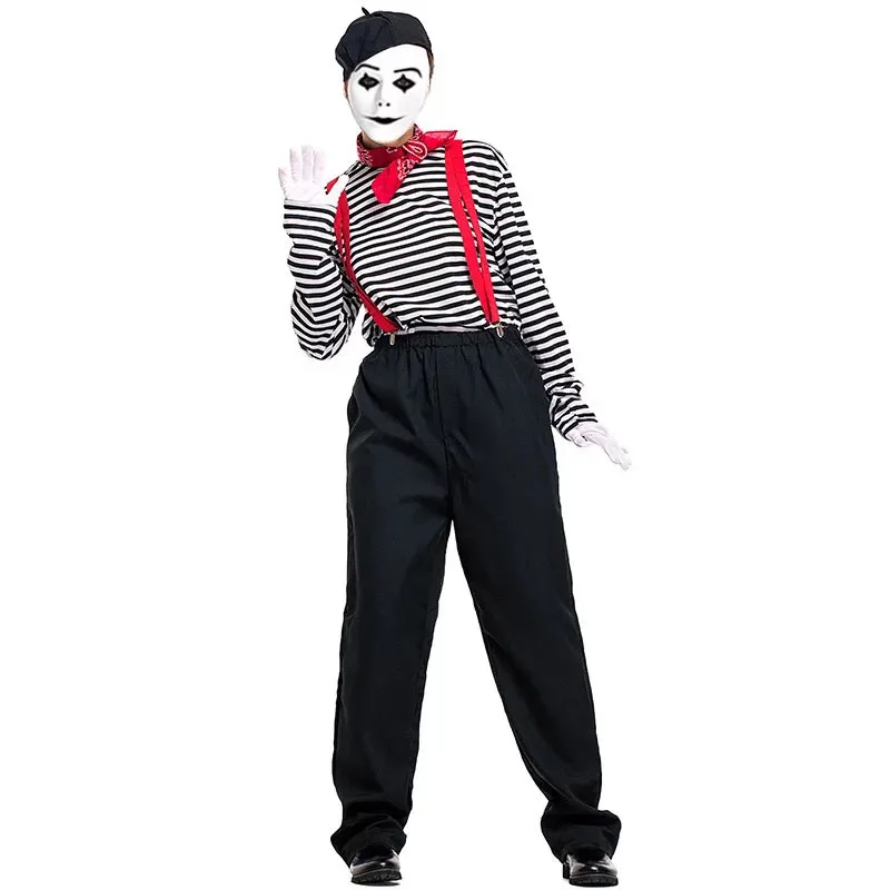 Костюм для взрослых женщин на Хеллоуин Джокер французский мимический клоун пары костюм мимов художника косплей одежда полосатый топ брюки комплект для женщин - Цвет: Men