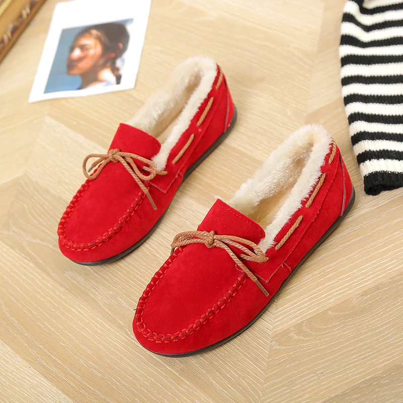 Г., зимние женские лоферы на меху, плюшевая обувь без застежки женские лоферы на плоской подошве с бантиком, Мокасины с искусственным мехом теплая женская обувь, Zapatos mujer 6829 - Цвет: Красный