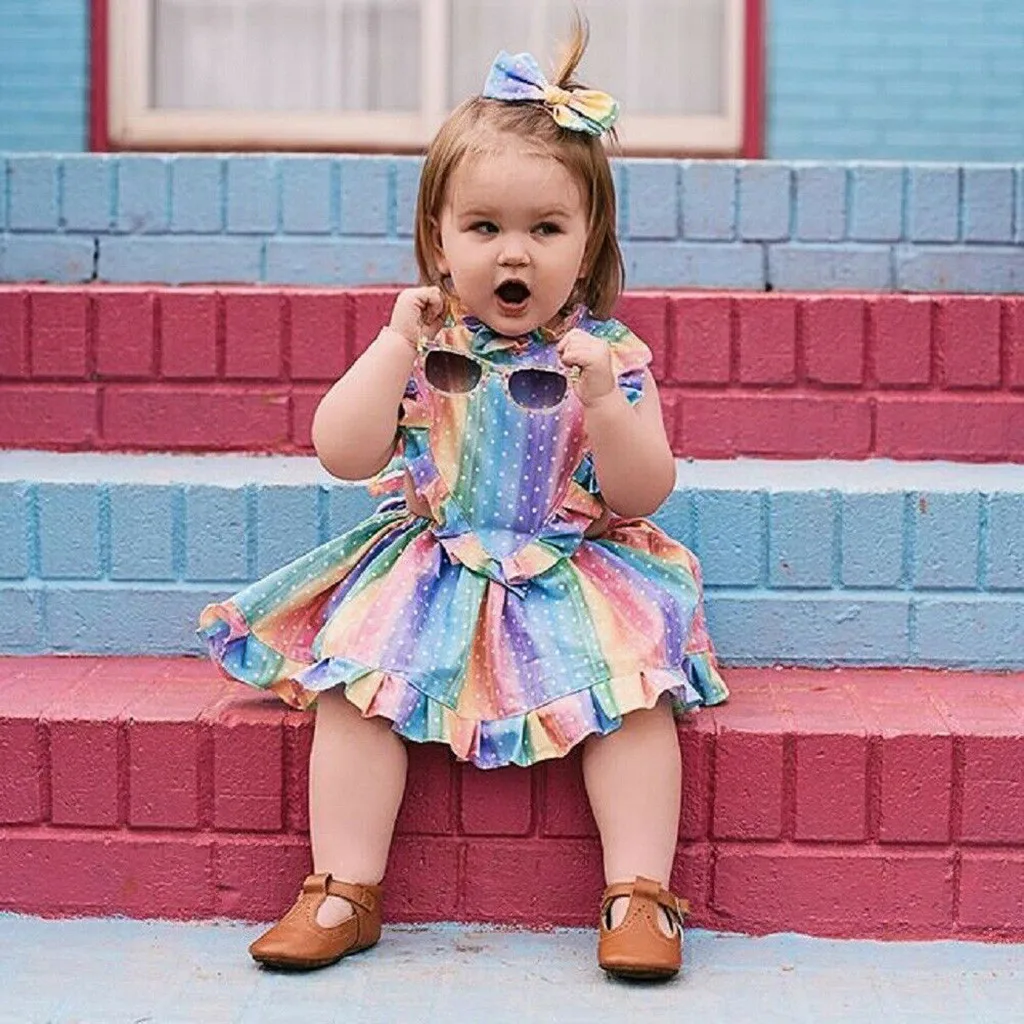 

Toddler Baby Girls Sleeveless Rainbow Dot Print Ruffles Dress Backless Dresses newborn dress newk elbise baby meisje kleding
