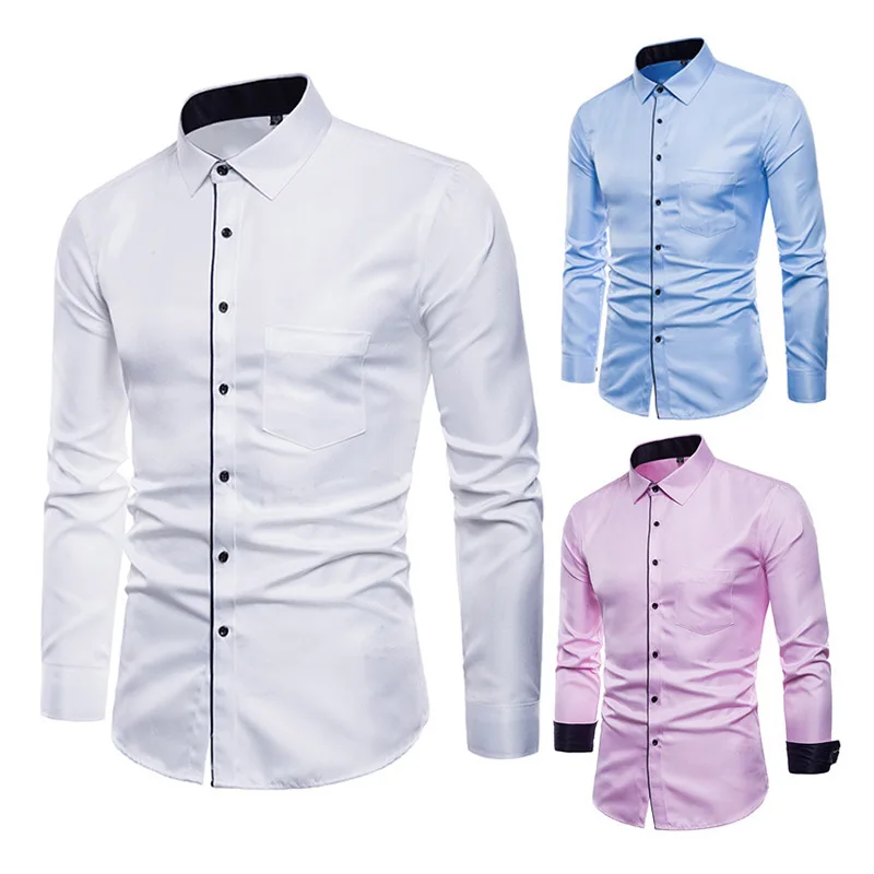 Spring Men's Shirt Lapel Long Sleeve Slim Polyester Casual For Business ...