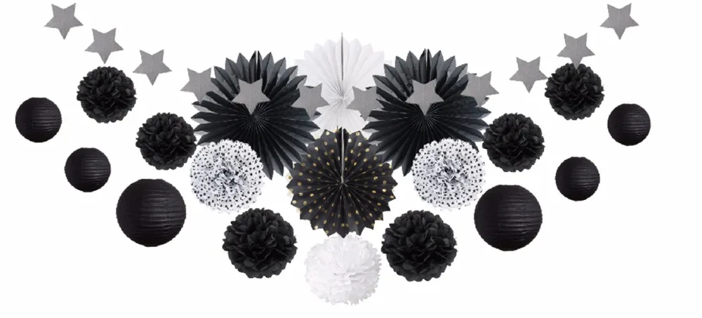 

20pcs/Set Black and White Theme Party Decoration (Paper Fans, pompoms, Paper Lantern , Banner Decor) For Event Party Supplies