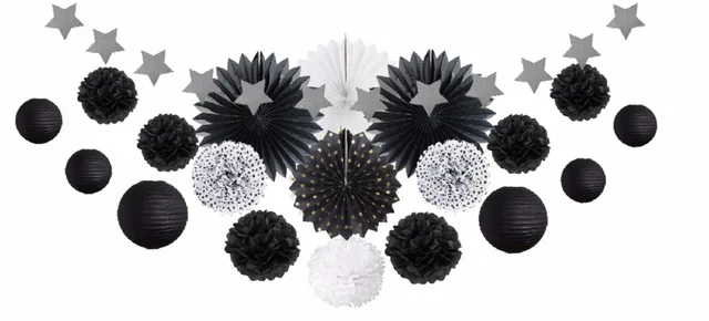 Graduation Grand Event Black And White Theme Party Decoration Paper Graduation Grand Event Black And White Theme Party Decoration Paper Fans Pompoms Lantern Banner Decor