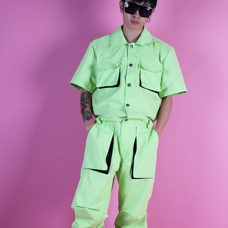 Jumpsuit Men Light Green Partial Fluorescent Tooling Jumpsuit Set Threedimensional Bag Tooling