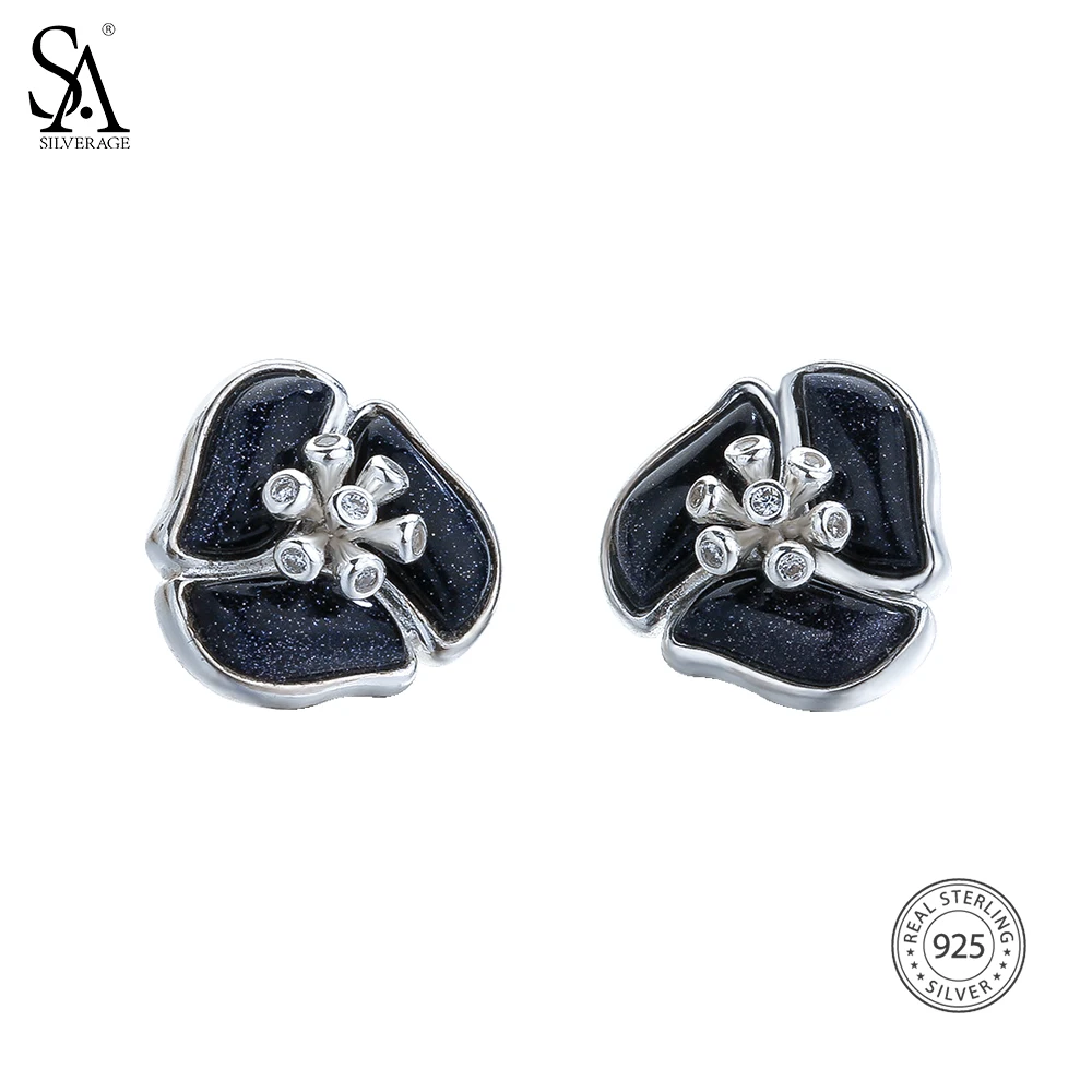 SA SILVERAGE Real 925 Sterling Silver Flower Stud Earrings for Women Black Gemstone Earrings With Rhinestones Fine Jewelry 2018 SA SILVERAGE Real 925 Sterling Silver Flower Stud Earrings for Women Black Gemstone Earrings With Rhinestones Fine Jewelry 2018