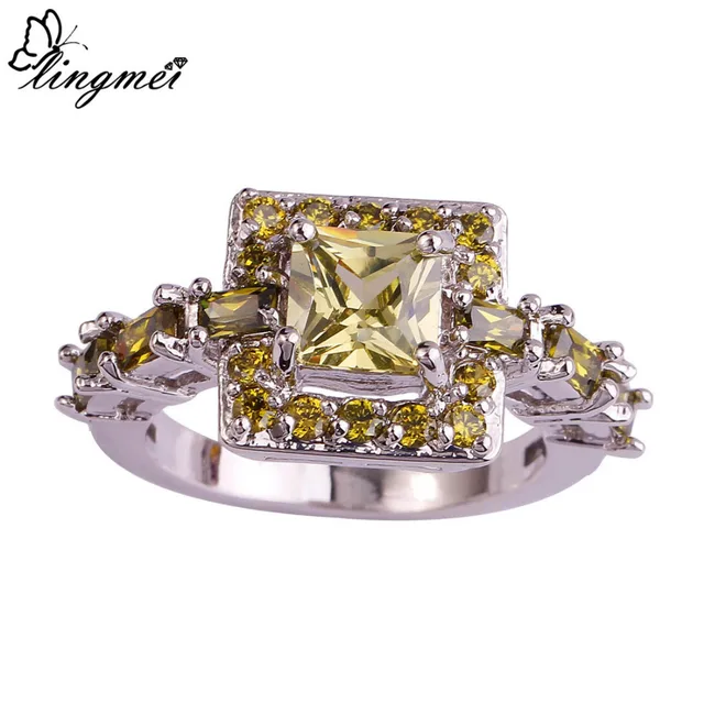 lingmei Women Men Jewelry Princess Cut Peridot AAA Silver Ring Size 6 7 8 9 10 N lingmei Women Men Jewelry Princess Cut Peridot AAA Silver Ring Size 6 7 8 9 10 N