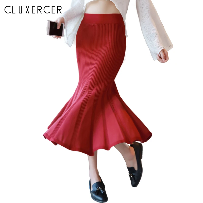 

CLUXERCER Brand Winter Long Skirts Womans Pencil Skirt Elastic Cotton Knit Vertical Stripe Pleated Skirt Femininas Saia Longa