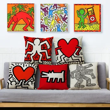 

Keith Haring Heart Graffiti Cushion Cover Beige Linen Pillowcase 45*45 Square Throw Pillows Covers Sofa Home Decor Pillow Case