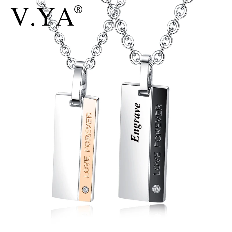 

V.YA Engraved Name necklace Love forever Square pendant necklace Titanium steel micro inlaid zircon couple Jewelry for women