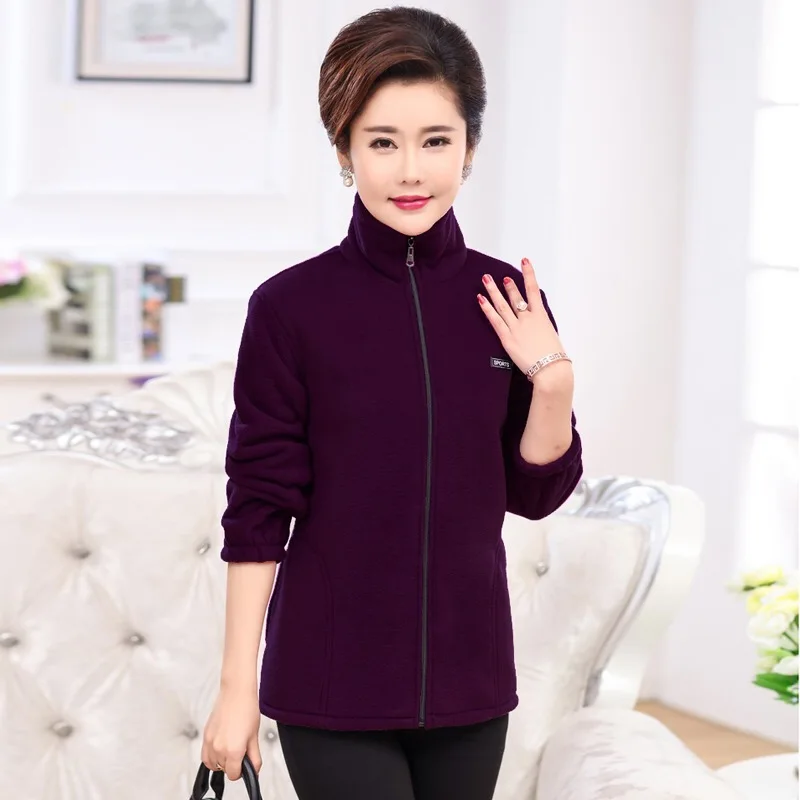 Vangull Winter Fashion New Mid-aged Women Polar Fleece Jackets Casual Warm  Long Sleeve Pocket Jacket Zipper Outerwear for Mum