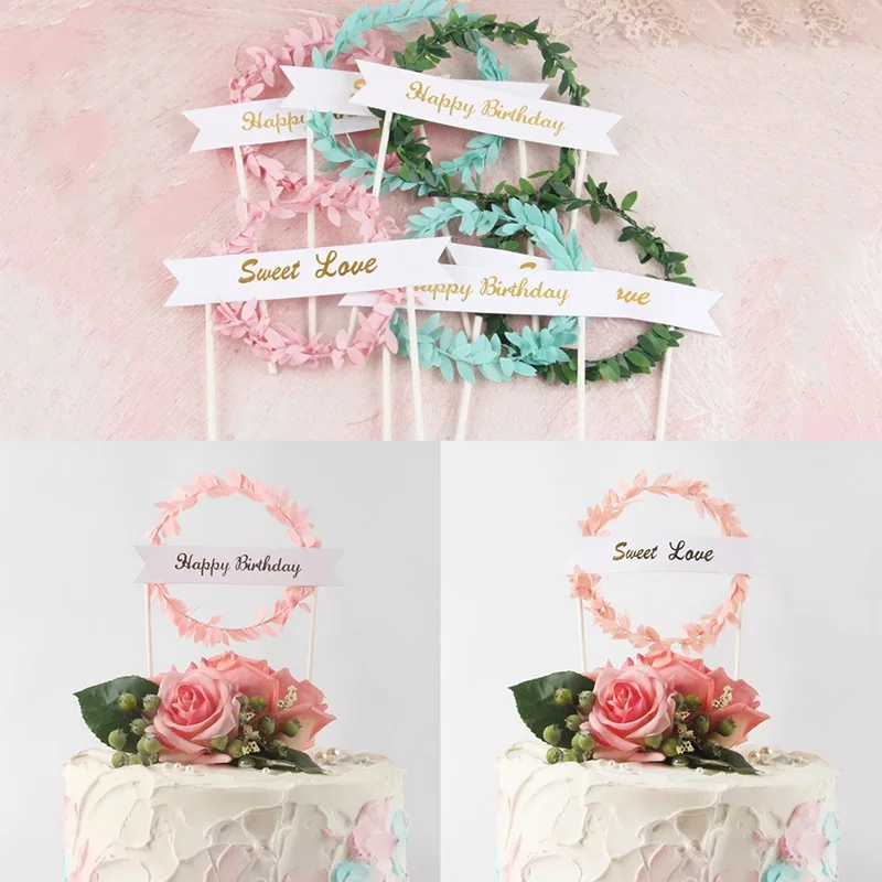 Розовый зеленый венок из листьев "с днем рождения" "Сладкая любовь" торт Топпер десерт украшение для дня рождения прекрасные подарки