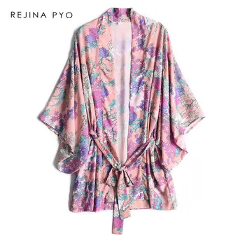 

BIAORUINA Japan Style Women Floral Print Chiffon Long Tops with Sashes Half Batwing Sleeve Female Casual Kimono Holiday Tops