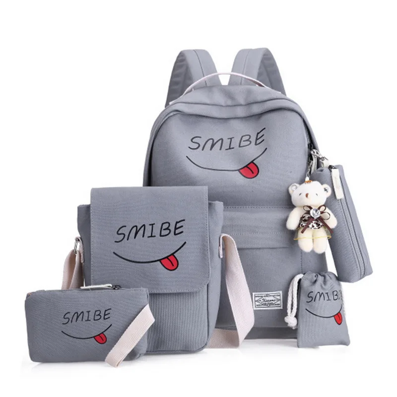 

Litthing 5cs/set Women Backpack Canvas Printing Smile School Bags For Teenage Girls Backpacks Mochila Mujer Solid Women's Bag