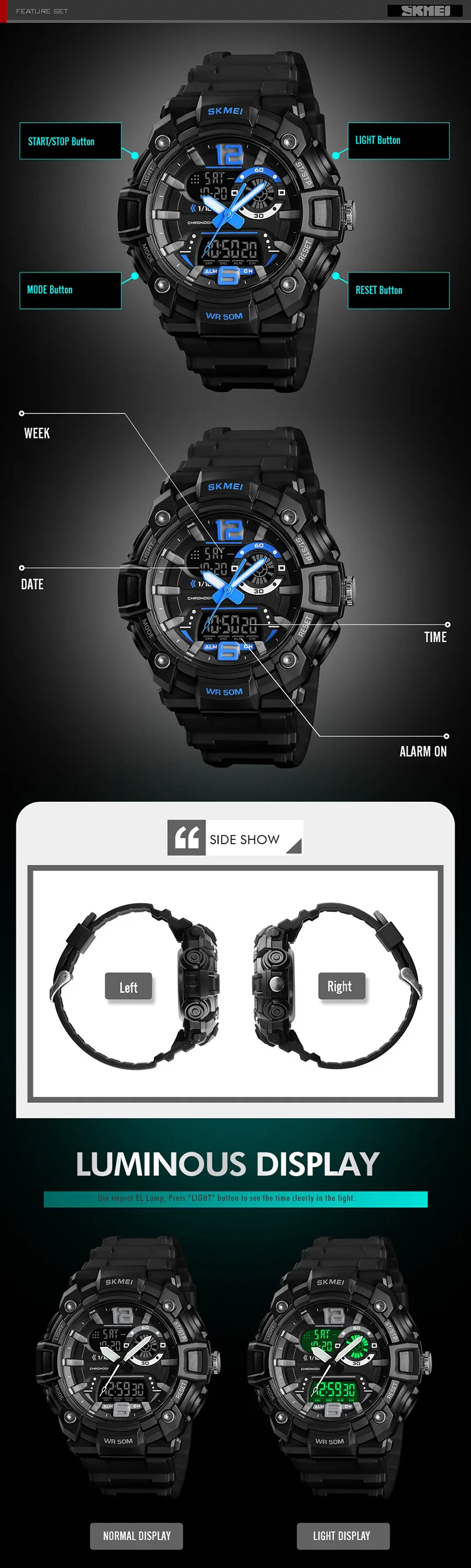 Мужские спортивные часы военные часы повседневные светодиодный цифровые часы многофункциональные наручные часы 50 м водонепроницаемые