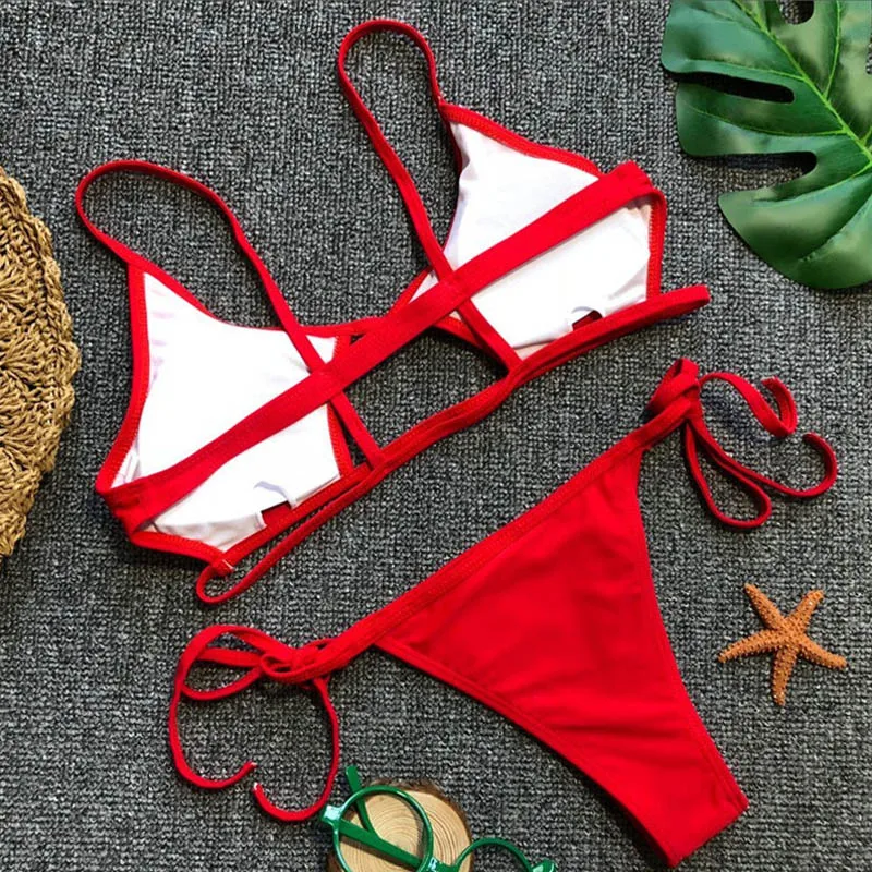 Hollowed Red Sexy Bikini Set Women String Swimsuit Push Up