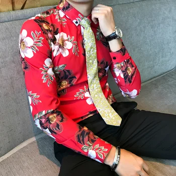 

Classic Red Mens Printed Shirts Size 3XL Slim Fit Elegant Male Business Wedding Party Groom Dress Shirt