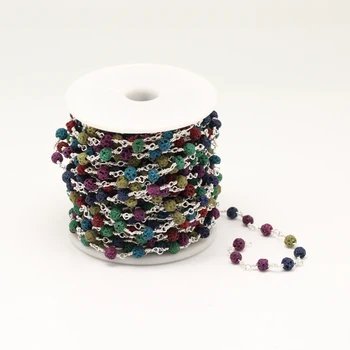 

4mm,Mixed Colors Lava Stones Round Beads Chain,Silver Plated Rainbow Gems Chain Jewelry Necklace,5 Meters