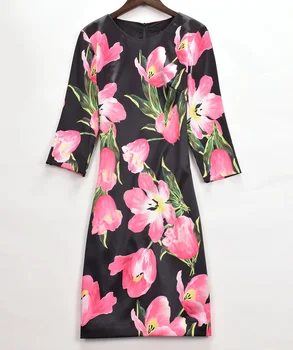 

2016 Fashion Vintage Women Flower Print Dress Elegant O-Neck Black Half Sleeve Work Dresses