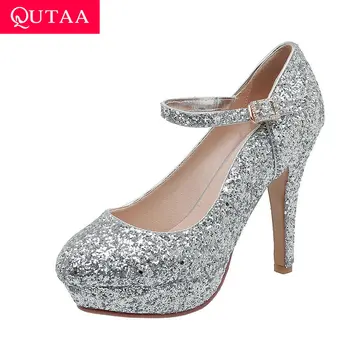 

QUTAA 2020 New Spring Autumn Sequins Thin High Heel Wedding Shoes Rhinestone Buckle Platform Gold Silver Women Pumps Size 34-43