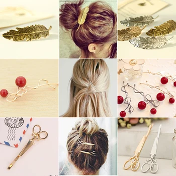 

Fashion Woman Hair Accessories Metal Leaf Geometric Triangle Sweet Cherry Hair Clip Hairpin Barrette Headwear Hair Styling Tools