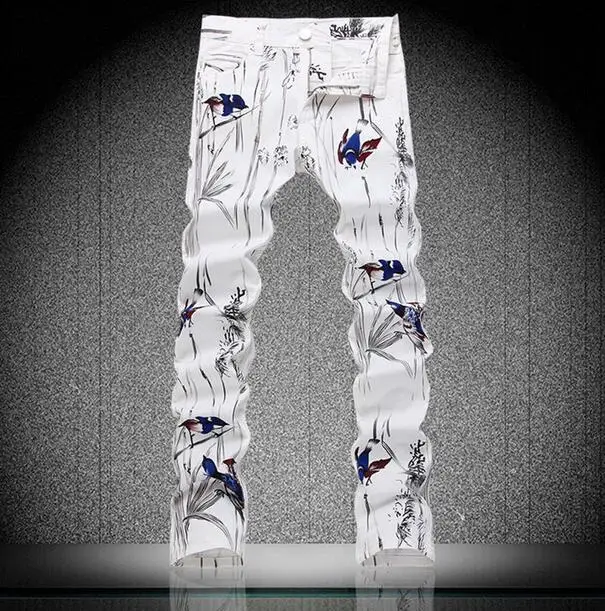 White spring thin Stage Singer Painted printing jeans mens slim elastic denim pants male jeans feet